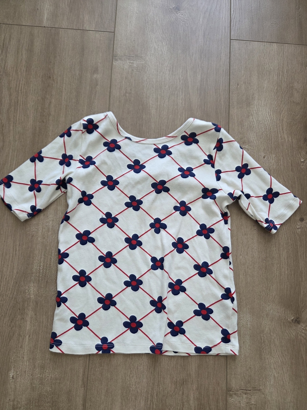 Mini Rodini Cream Short Sleeve Top with Navy & Red Floral Lattice